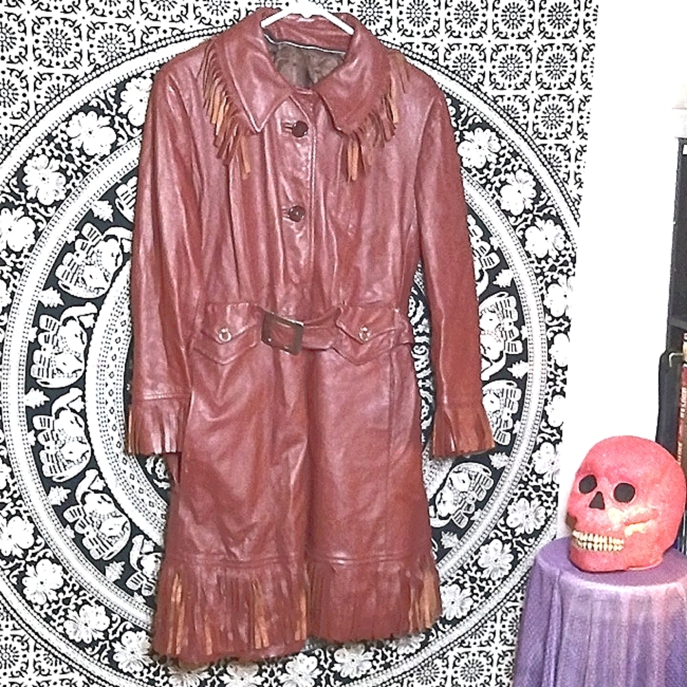 Vtg fringe leather jacket long 1970s